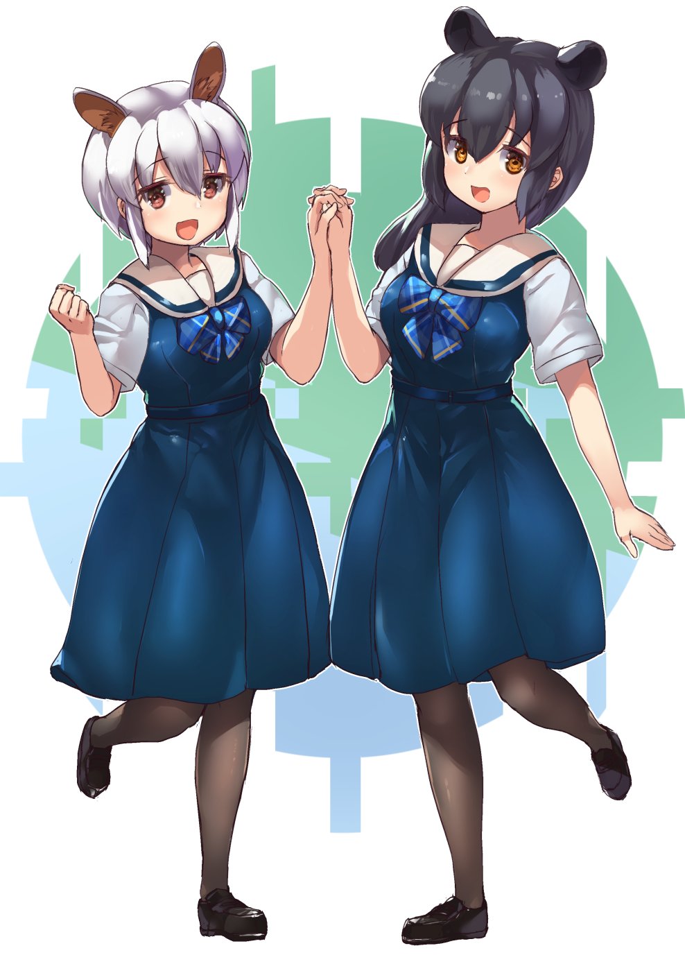 alternate_costume anteater_ears black_footwear black_hair black_legwear blue_dress blue_neckwear bow bowtie commentary_request dress extra_ears eyebrows_visible_through_hair full_body highres holding_hands kemono_friends kemono_friends_3 loafers long_hair malayan_tapir_(kemono_friends) matching_outfit pantyhose plaid_neckwear pleated_dress sailor_collar sailor_dress shoes short_hair short_sleeves southern_tamandua_(kemono_friends) standing standing_on_one_leg tadano_magu tail tapir_tail white_hair