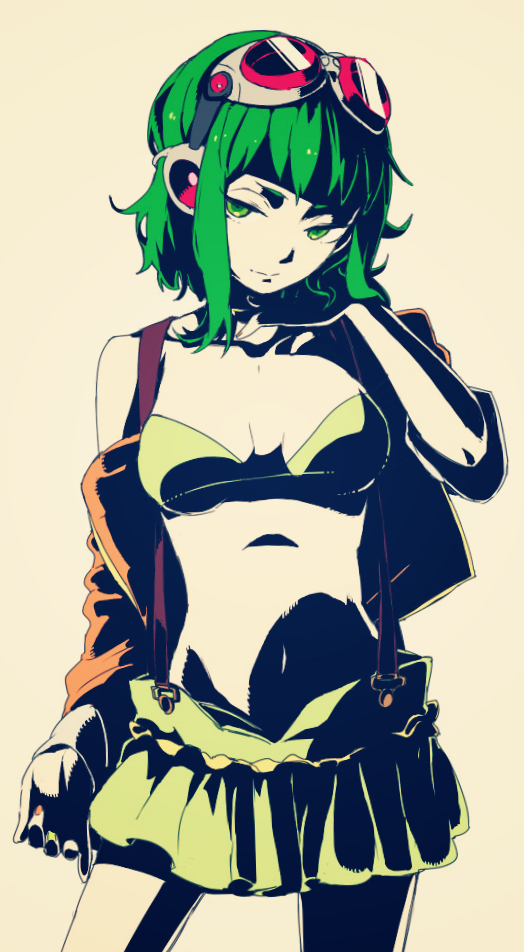 1girl akka bra commentary cowboy_shot frown goggles goggles_on_head green_bra green_eyes green_hair green_skirt gumi half-closed_eyes hand_up jacket looking_at_viewer megpoid_(vocaloid3) midriff miniskirt navel off-shoulder_jacket orange_jacket pleated_skirt red_goggles sidelighting skirt solo standing underwear vocaloid