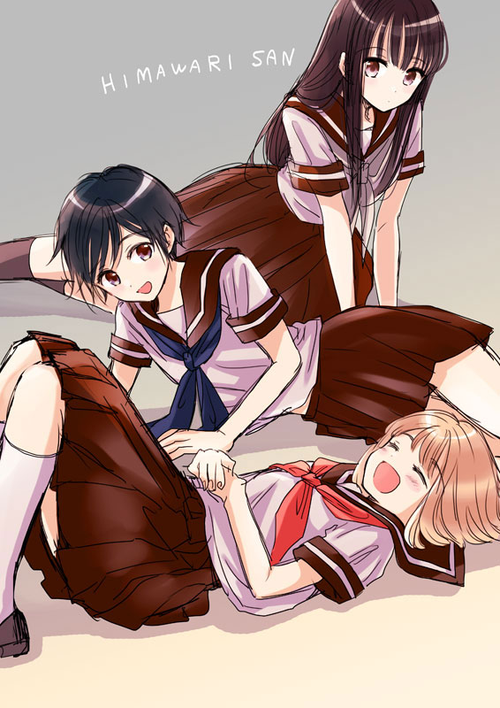 3girls :d black_footwear black_hair blue_neckwear blush brown_eyes brown_sailor_collar brown_skirt character_name closed_eyes commentary_request copyright_name expressionless eyebrows_visible_through_hair feet_out_of_frame gradient gradient_background himawari-san himawari-san_(character) kazamatsuri_fuuko kazamatsuri_matsuri light_brown_hair long_hair looking_at_viewer lying multiple_girls neckerchief on_back on_side open_mouth painttool_sai_(medium) photoshop_(medium) pleated_skirt red_neckwear sailor_collar school_uniform serafuku shirt shoes short_hair siblings sisters sketch skirt smile sugano_manami time_paradox violet_eyes white_legwear white_neckwear white_shirt younger |d