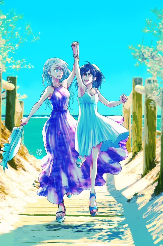 2girls :d arm_up beach black_hair blue-framed_eyewear blue_eyes blue_sky brown_eyes dress earrings genderswap genderswap_(mtf) glasses hat holding holding_hands holding_hat jewelry katsuki_yuuri multiple_girls ocean open_mouth running sandals silver_hair sky smile tanao viktor_nikiforov yuri!!!_on_ice