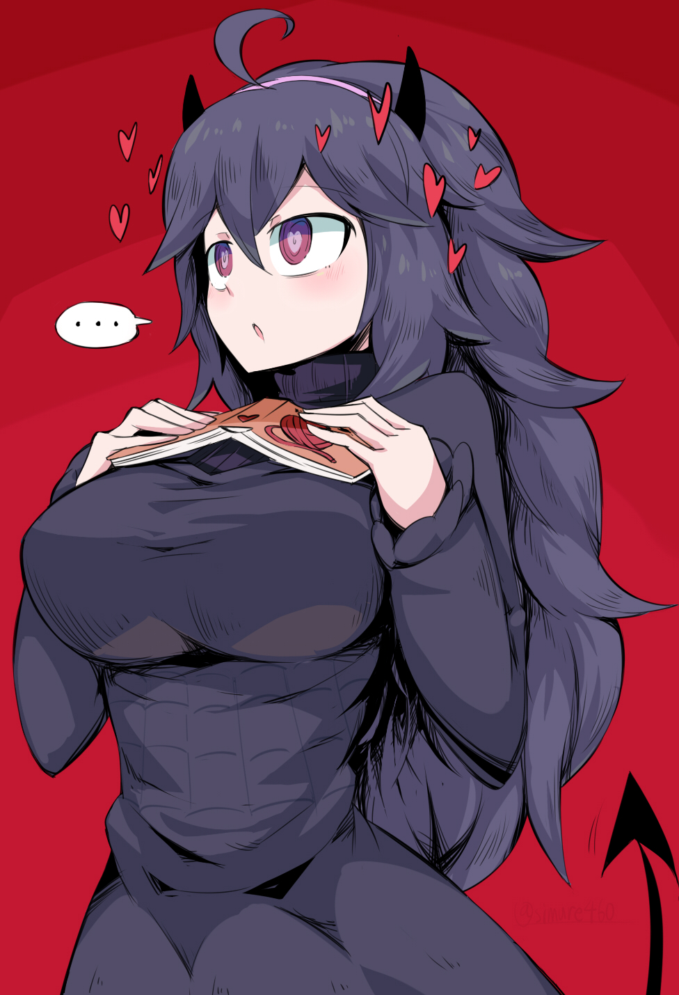 ... 1girl ahoge blush book breasts cosplay demon_tail dress eyebrows_visible_through_hair hair_between_eyes hairband heart heart-shaped_pupils helltaker hex_maniac_(pokemon) highres horns large_breasts long_dress long_hair messy_hair modeus_(helltaker) modeus_(helltaker)_(cosplay) open_mouth pokemon pokemon_(game) pokemon_xy purple_hair purple_hairband red_background shimure_(460) solo speech_bubble spider_web_print symbol-shaped_pupils tail turtleneck violet_eyes