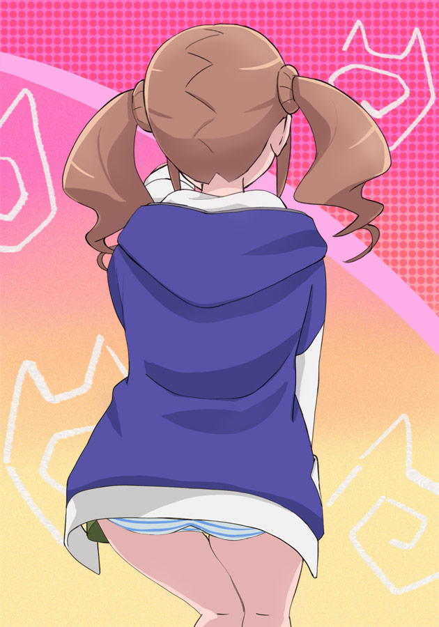 1girl blue_jacket brown_hair from_behind haruyama_kazunori healin'_good_precure hiramitsu_hinata hood hooded_jacket jacket panties precure short_hair solo striped striped_panties thighs twintails underwear white_panties