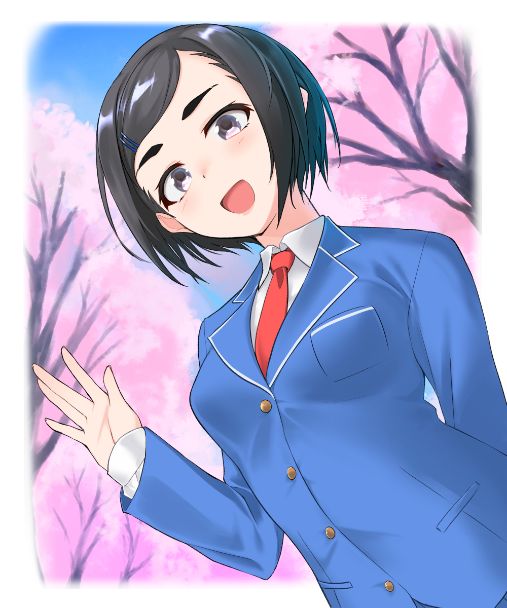 1girl :d black_hair blazer blue_jacket blush cherry_blossoms clip_studio_paint_(medium) day grey_eyes hair_ornament hairclip hand_up highres idolmaster idolmaster_cinderella_girls jacket looking_at_viewer matsuo_chizuru necktie open_mouth outdoors red_neckwear school_uniform shirota_mizuki short_hair smile solo standing