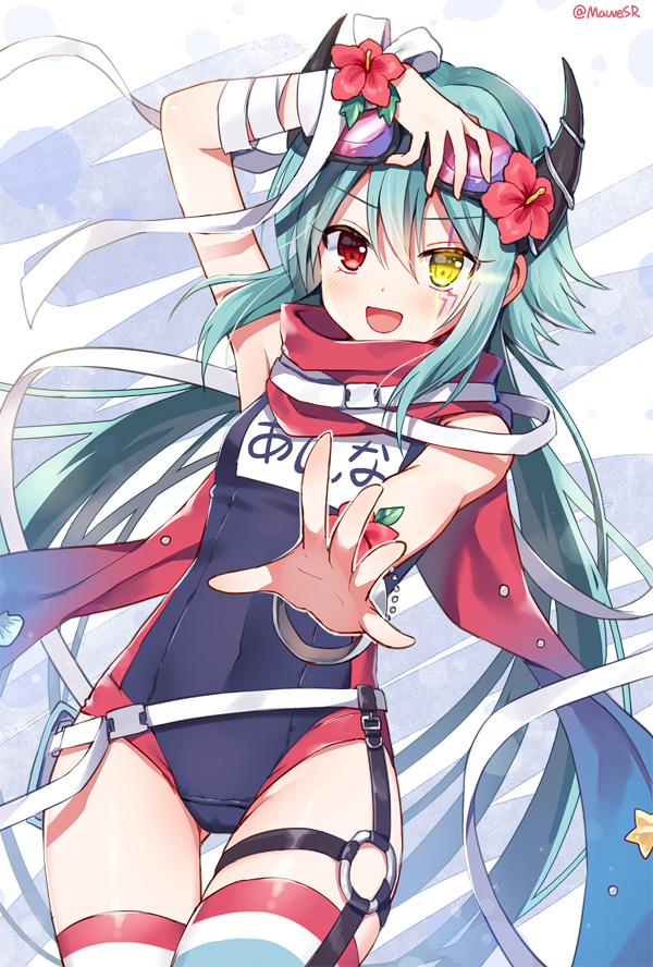 1girl anna_(princess_connect!) armpits artist_name bandaged_arm bandages bangs belt_pouch blush commentary_request eyebrows_visible_through_hair facial_tattoo flower goggles goggles_on_head green_hair hair_between_eyes hair_flower hair_ornament hand_on_own_head heterochromia horns long_hair looking_at_viewer low_twintails mauve open_mouth outstretched_arm pouch princess_connect! princess_connect!_re:dive red_eyes red_scarf scarf school_swimsuit sidelocks solo swimsuit tattoo thigh-highs twintails wristband yellow_eyes