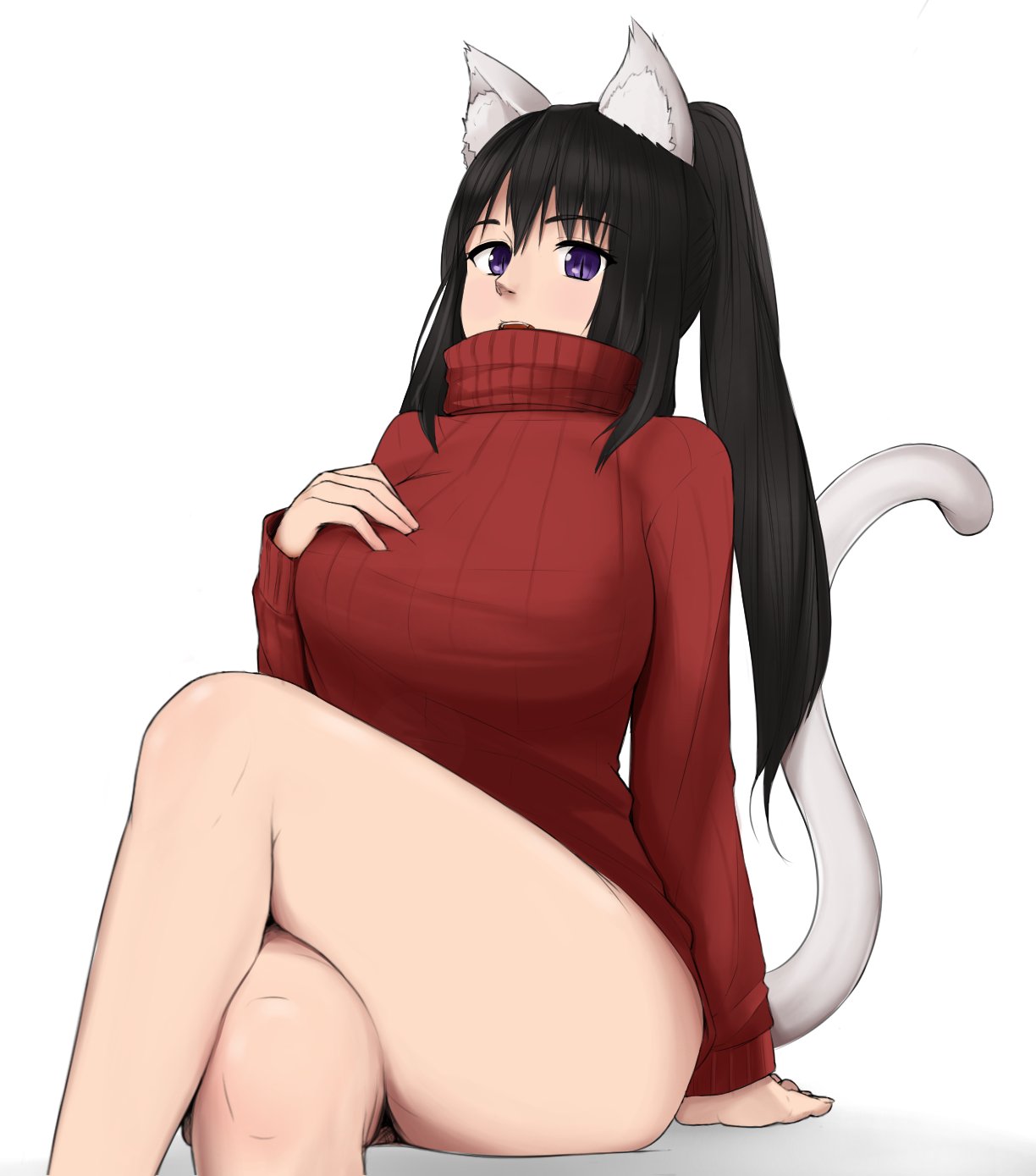 1girl animal_ear_fluff animal_ears arm_support black_hair bottomless breasts cat_ears cat_girl cat_tail clip_studio_paint_(medium) commentary crossed_legs english_commentary hand_on_own_chest highres krita_(medium) large_breasts long_hair looking_at_viewer no_pants noihara_himari omamori_himari open_mouth red_sweater sitting slit_pupils solo sumairuzu sweater tail thighs violet_eyes