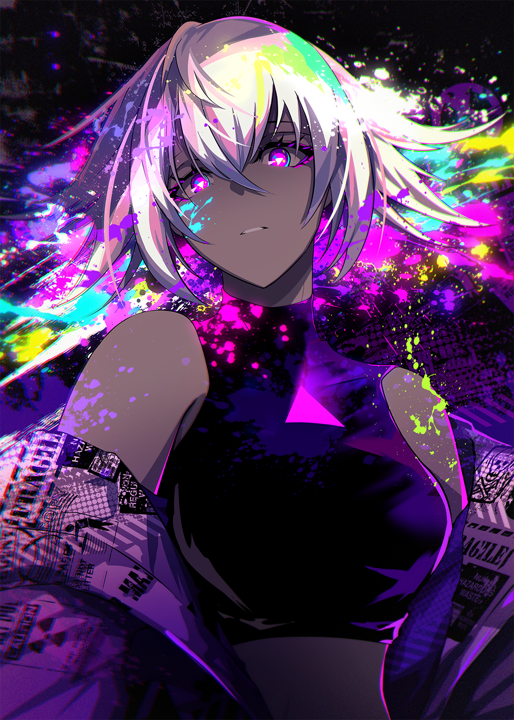 1girl bangs berryverrine breasts crop_top dark_skin eyelashes hair_between_eyes highres jacket medium_breasts multicolored multicolored_background off_shoulder original paint_splatter parted_lips short_hair sleeveless solo upper_body violet_eyes white_hair