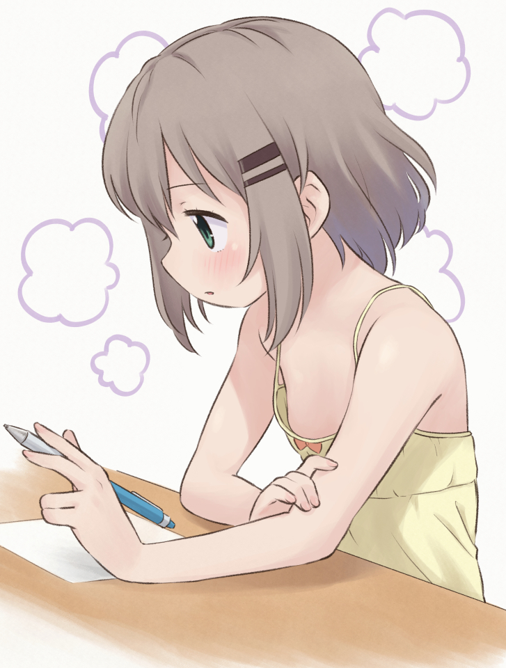 1girl bare_arms bare_shoulders blush brown_hair camisole commentary_request flat_chest green_eyes hair_ornament hairclip holding holding_pen looking_at_object medium_hair meis_(terameisu) paper pen sleeveless solo spaghetti_strap table upper_body white_background yama_no_susume yellow_camisole yukimura_aoi