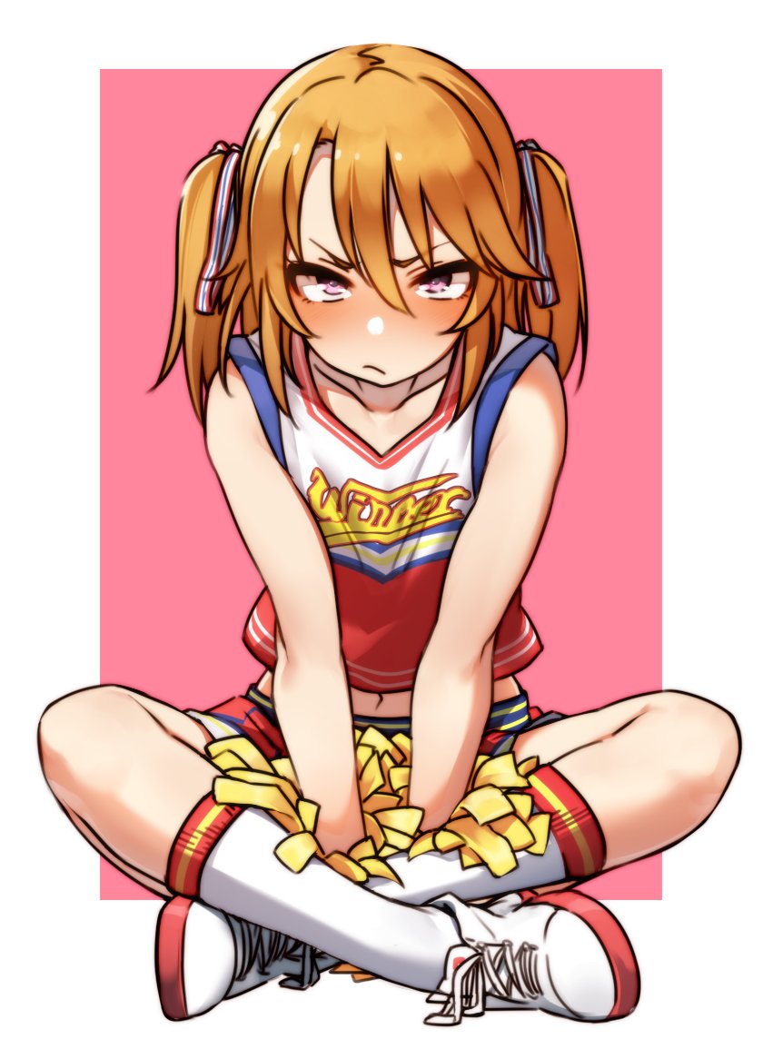 1girl :/ between_legs blush cheerleader clothes_writing collarbone crop_top full_body hair_ribbon hand_between_legs holding_pom_poms idolmaster idolmaster_cinderella_girls idolmaster_cinderella_girls_starlight_stage indian_style kakaobataa kneehighs looking_at_viewer medium_hair navel orange_hair pink_eyes pom_poms ribbon shirt shoes sitting skirt sleeveless sleeveless_shirt sneakers solo striped striped_ribbon twintails two-tone_background v_arms yuuki_haru