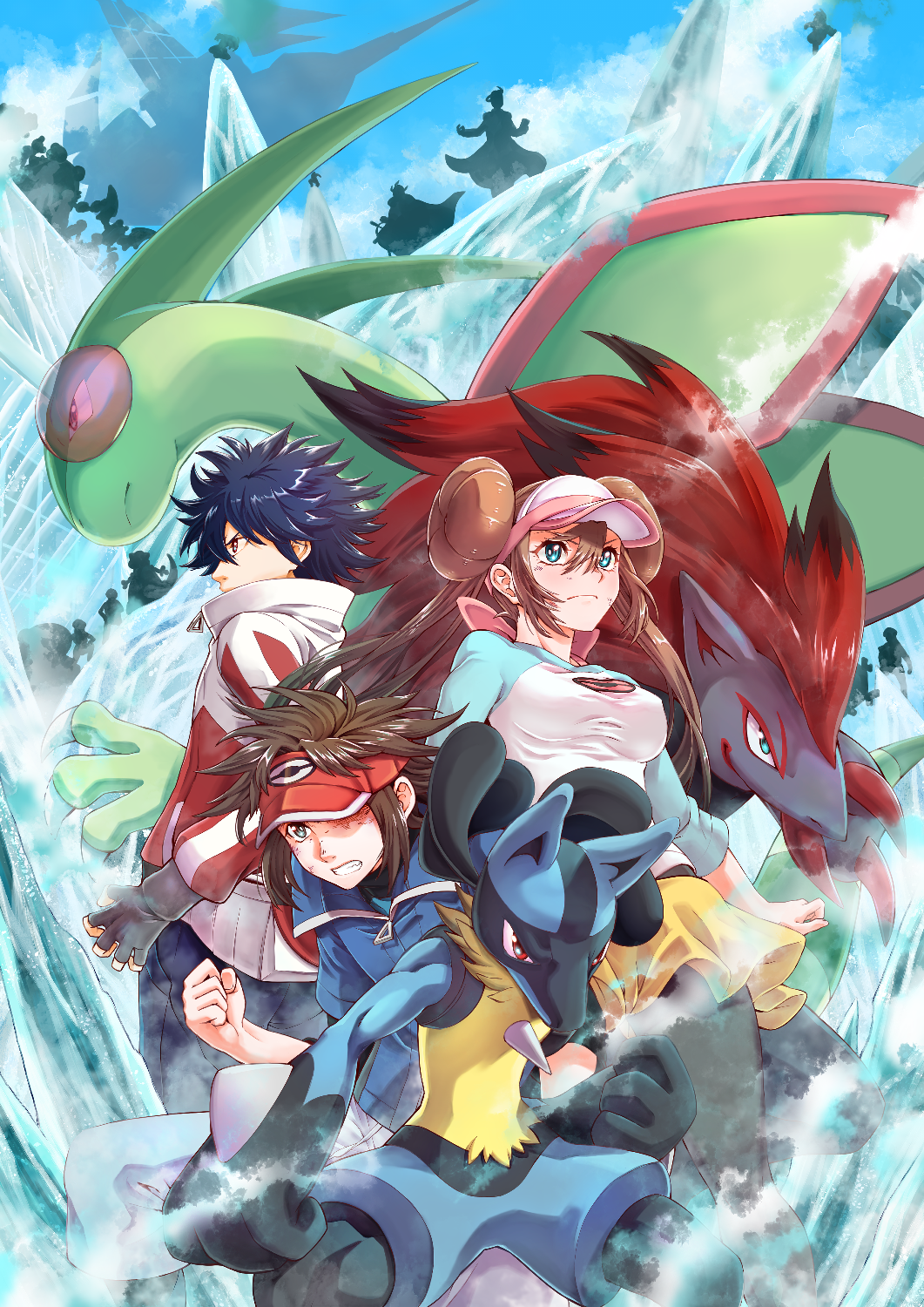 1girl 2boys bangs black_gloves black_hair black_legwear blue_eyes blue_jacket breasts brown_hair clenched_hand clenched_teeth closed_mouth commentary_request double_bun fingerless_gloves flygon gen_3_pokemon gen_4_pokemon gen_5_pokemon gloves hair_between_eyes highres hue_(pokemon) ice jacket kyouhei_(pokemon) light_frown long_hair lucario mei_(pokemon) multiple_boys pantyhose pokemon pokemon_(creature) pokemon_(game) pokemon_bw2 raglan_sleeves red_headwear ryuusei_(trickster) short_hair short_shorts shorts silhouette spiky_hair teeth twintails two-tone_headwear visor_cap yellow_shorts zoroark