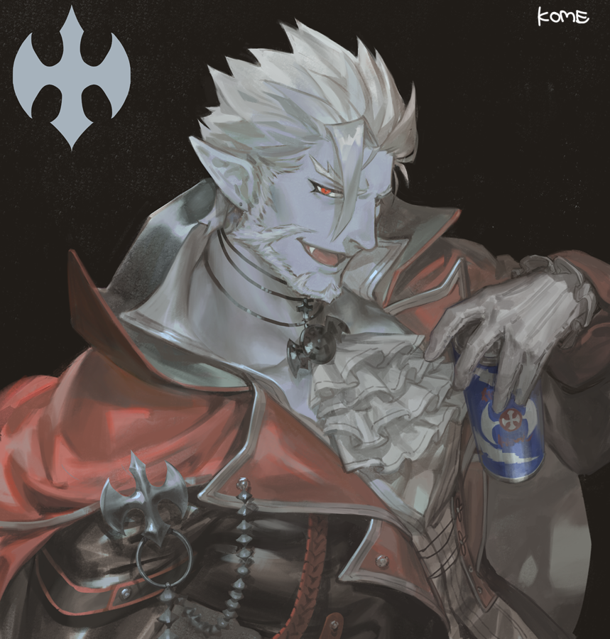 1boy black_background blue_skin can cape earrings energy_drink facial_hair fang frischenq gilzaren_iii gloves holding holding_can jewelry male_focus nijisanji open_mouth photoshop_(medium) pointy_ears red_cape red_eyes signature simple_background slit_pupils smile solo upper_body vampire white_gloves white_hair