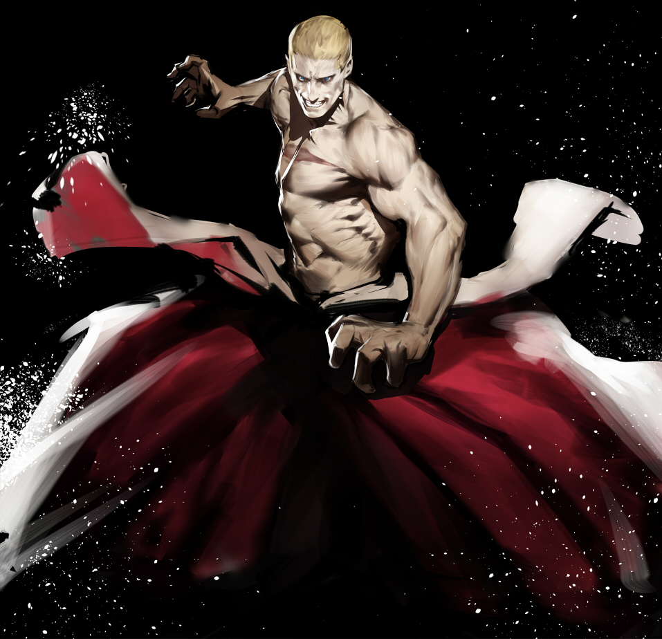 1boy abs bare_chest black_background blonde_hair blue_eyes fatal_fury geese_howard grin hakama japanese_clothes kasei_yukimitsu scar smile solo