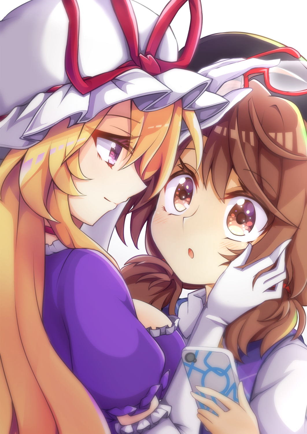 2girls :o aki_chimaki blonde_hair brown_eyes brown_hair cellphone commentary_request dress elbow_gloves eye_contact eyewear_removed gloves hand_on_another's_cheek hand_on_another's_face hat hat_ribbon highres holding holding_phone long_hair looking_at_another low_twintails mob_cap multiple_girls phone purple_dress purple_vest red-framed_eyewear ribbon semi-rimless_eyewear short_sleeves smartphone touhou twintails under-rim_eyewear upper_body usami_sumireko vest violet_eyes white_gloves yakumo_yukari yuri