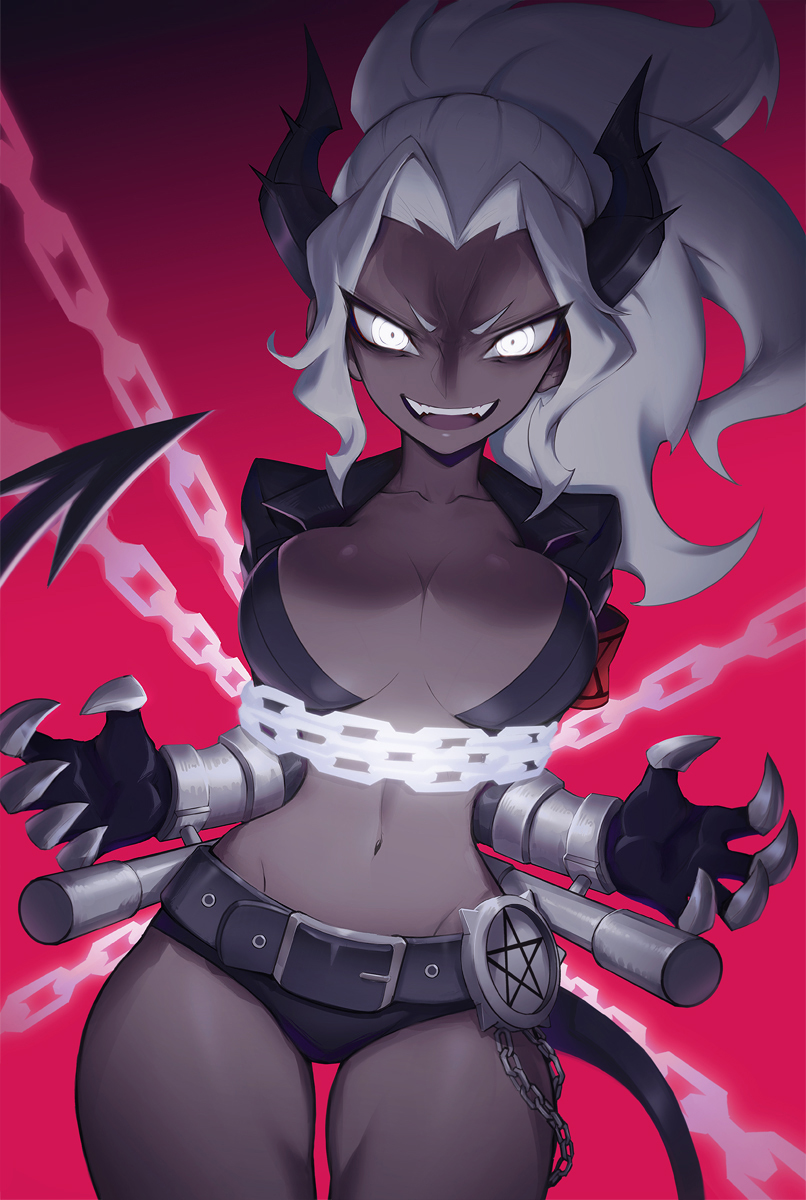 1girl :d armband belt black_gloves black_horns black_tail breasts chain clawed_gauntlets claws collarbone commentary cowboy_shot cropped_jacket dark_skin demon_girl demon_horns demon_tail english_commentary evil_smile gloves gradient gradient_background grey_hair grey_sclera groin hair_intakes helltaker highres horns judgement_(helltaker) large_breasts liyart long_hair looking_at_viewer magenta_background micro_shorts navel open_mouth pentagram ponytail shorts simple_background smile solo stomach tail teeth tsurime v-shaped_eyebrows white_eyes