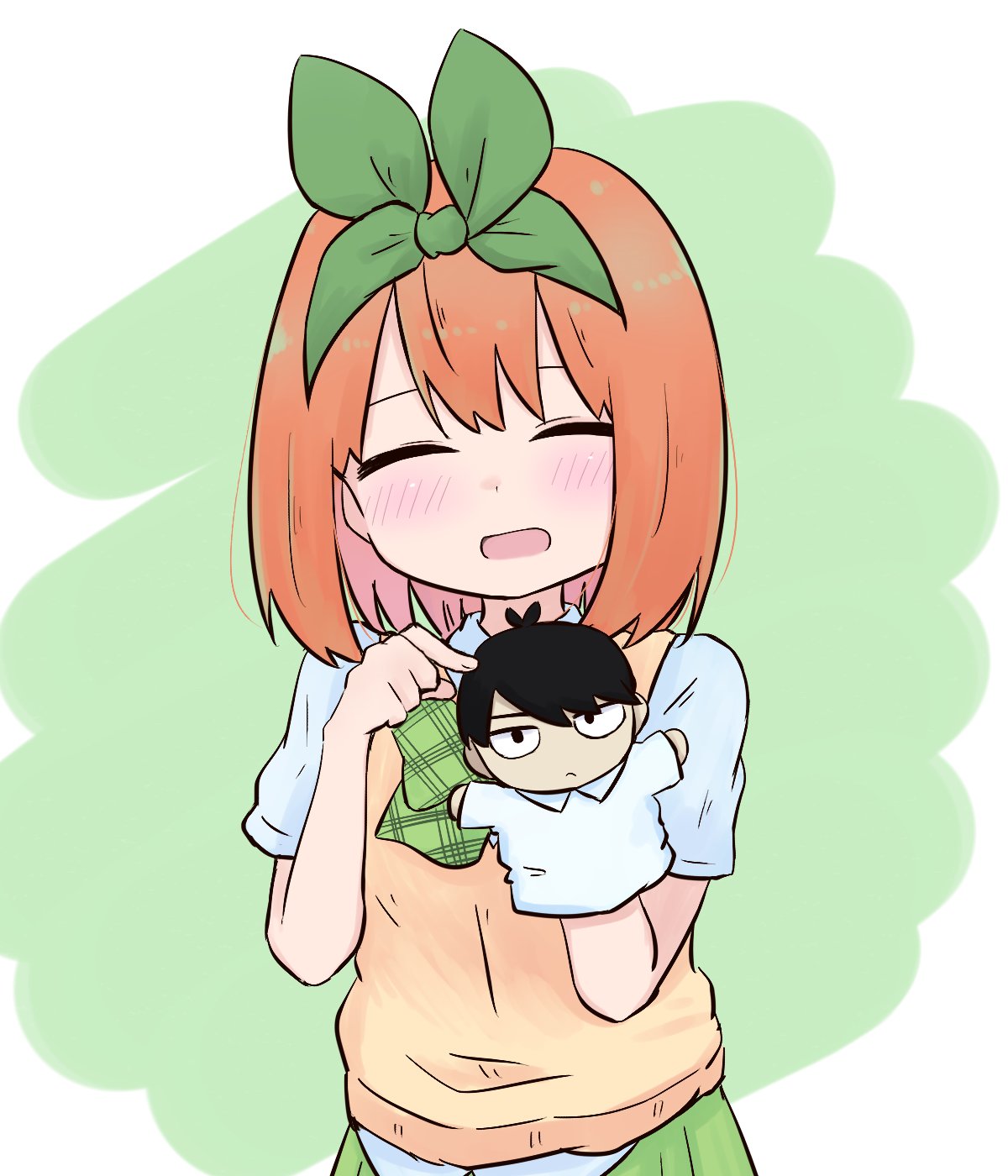 1girl :d ^_^ bangs blush bow closed_eyes collared_shirt commentary_request eyebrows_behind_hair facing_viewer go-toubun_no_hanayome green_background green_bow green_ribbon green_skirt hair_ribbon hand_puppet hands_up highres kujou_karasuma nakano_yotsuba open_mouth orange_hair pleated_skirt pointing puppet ribbon shirt short_sleeves skirt smile solo sweater_vest two-tone_background uesugi_fuutarou upper_body white_background white_shirt