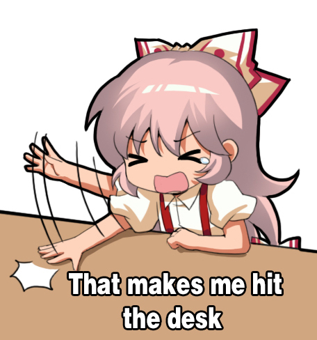 &gt;_&lt; 1girl angry bangs bow closed_eyes commentary_request english_text eyebrows_visible_through_hair fujiwara_no_mokou hair_between_eyes hair_bow lowres meme motion_lines open_mouth pink_hair puffy_short_sleeves puffy_sleeves shangguan_feiying shirt short_sleeves simple_background suspenders table tears touhou upper_body v-shaped_eyebrows white_background white_bow white_shirt wooden_table