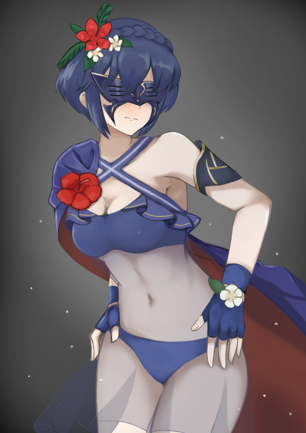 1girl akacolor304 bikini blue_hair braid cape crown_braid fingerless_gloves fire_emblem fire_emblem:_kakusei fire_emblem_13 fire_emblem_awakening fire_emblem_heroes flower gloves hair_flower hair_ornament highres intelligent_systems lucina lucina_(fire_emblem) marth_(fire_emblem_awakening) mask navel nintendo see-through short_hair simple_background solo super_smash_bros. swimsuit tomboy