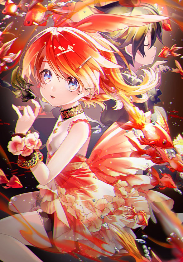 alternate_hair_color bare_shoulders black_goldfish black_hair black_jacket black_nails blue_eyes bow character_request closed_eyes commentary dress fish flower goldfish hair_bow hair_ornament hairclip jacket kagamine_rin lips looking_at_viewer parted_lips red_bow red_dress redhead sawashi_(ur-sawasi) sitting underwater vocaloid wrist_cuffs