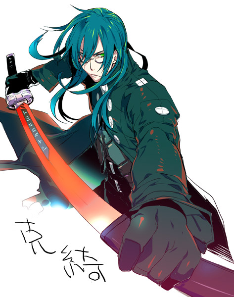 1boy black-framed_eyewear character_request closed_mouth coat frown glasses green_coat green_eyes green_hair holding holding_sheath holding_sword holding_weapon jingai_makyou katana long_hair male_focus runes scabbard sheath simple_background solo sumi_hei sword torn_clothes torn_coat unsheathing weapon white_background