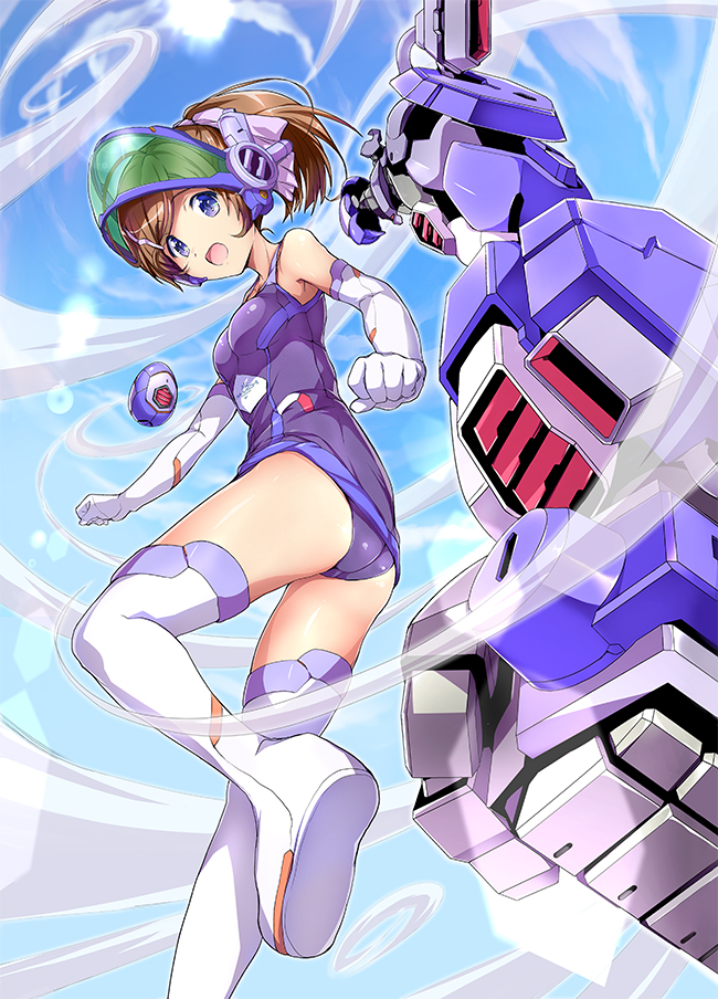 1girl aoki_ryuusei_spt_layzner blue_eyes boots brown_hair clenched_hands clip_studio_paint_(medium) comicstudio elbow_gloves flying from_below gloves kashi layzner looking_down mecha_musume nanachi_maachi official_art photoshop_(medium) school_swimsuit sun_musume:_girl's_battle_bootlog sunrise_(company) swimsuit thigh-highs thigh_boots tied_hair