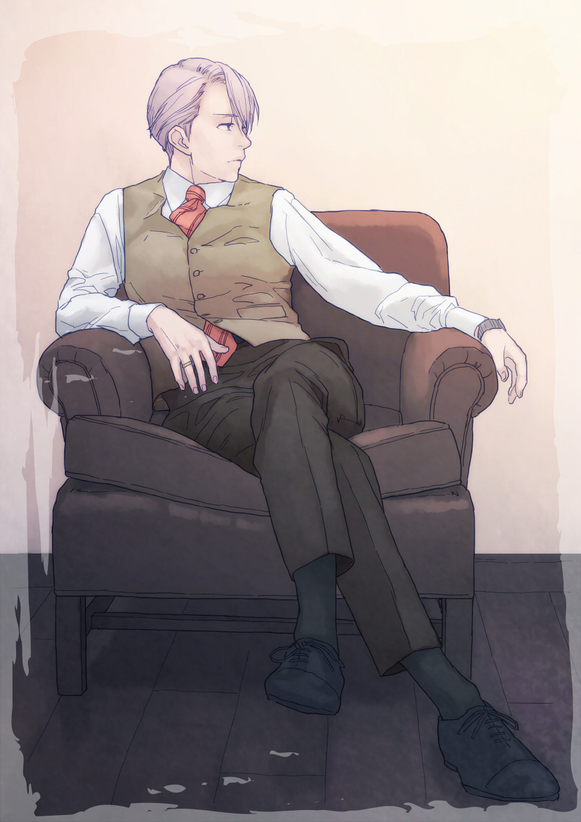 1boy armchair black_pants blue_eyes chair crossed_legs jewelry looking_to_the_side male_focus necktie pants ring silver_hair sitting t3_(19841230) viktor_nikiforov waistcoat yuri!!!_on_ice