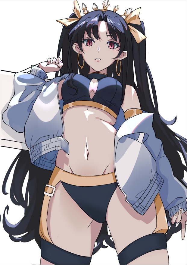 1girl baihuenyexing bangs bare_shoulders bikini black_bikini black_hair breasts earrings fate/grand_order fate_(series) ishtar_(fate)_(all) ishtar_(fate/grand_order) jacket jewelry long_hair looking_at_viewer navel off_shoulder parted_lips red_eyes simple_background sleeves_past_wrists solo swimsuit two_side_up very_long_hair white_background yellow_nails