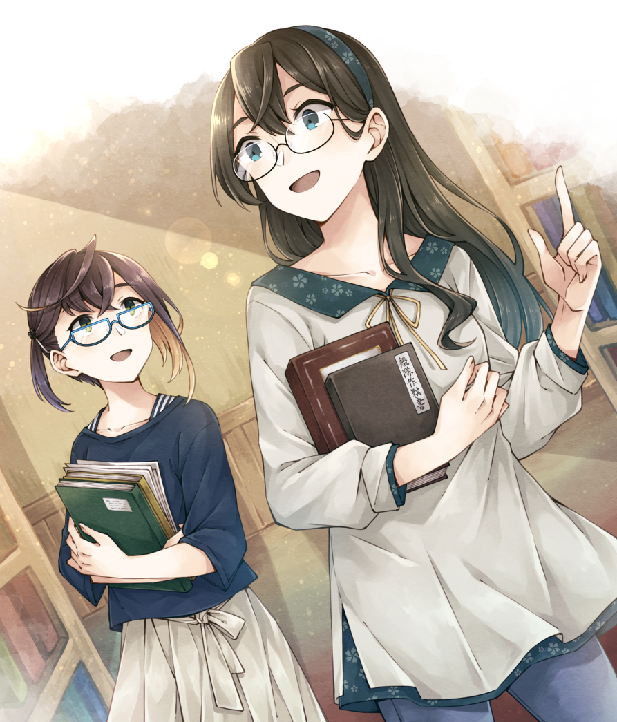 2girls alternate_costume bangs black_hair blue-framed_eyewear blue_eyes blue_hairband book bookshelf eyebrows_visible_through_hair glasses green_eyes hairband holding holding_book indoors kantai_collection long_hair long_sleeves miroku_san-ju multicolored_hair multiple_girls okinami_(kantai_collection) ooyodo_(kantai_collection) open_mouth pants paper papers purple_hair shirt short_hair skirt two-tone_hair