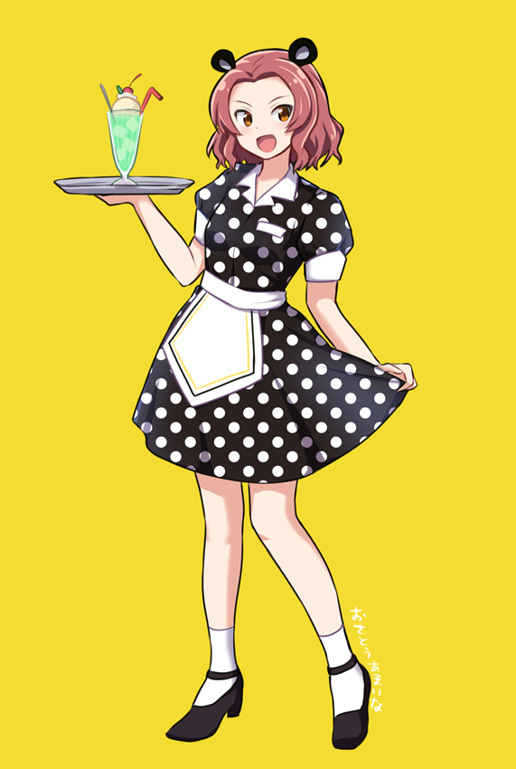 1girl :d alternate_costume animal_ears apron artist_name black_footwear brown_eyes cherry collared_dress commentary dress drinking_straw food fruit girls_und_panzer glass holding holding_tray ice_cream ice_cream_float katakori_sugita looking_at_viewer medium_dress medium_hair mouse_ears open_mouth polka_dot polka_dot_dress puffy_short_sleeves puffy_sleeves redhead rosehip_(girls_und_panzer) shoes short_sleeves signature simple_background skirt_hold smile solo standing tray waist_apron waitress white_legwear yellow_background