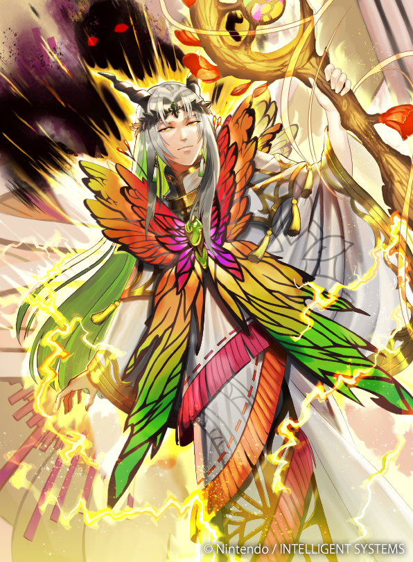 1boy circlet electricity fairy_wings fire_emblem fire_emblem_cipher fire_emblem_heroes freyr_(fire_emblem) green_hair horns kyo_niku long_hair multicolored_hair official_art solo staff two-tone_hair white_hair wings yellow_eyes