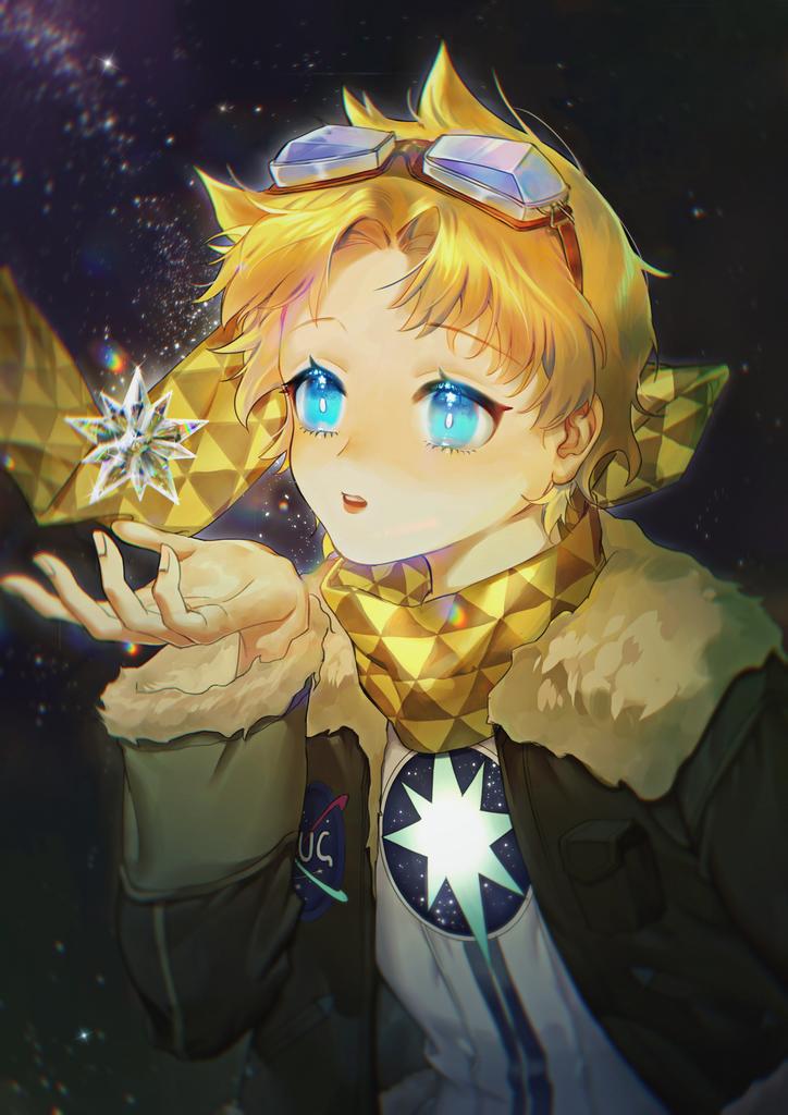 1boy bangs blonde_hair blowing blue_eyes bright_pupils codon_negi eyebrows_visible_through_hair fate/grand_order fate_(series) glowing goggles goggles_on_head looking_to_the_side male_focus open_mouth parted_bangs scarf sky solo space star_(sky) star_(symbol) starry_background starry_sky upper_body voyager_(fate/requiem) yellow_scarf