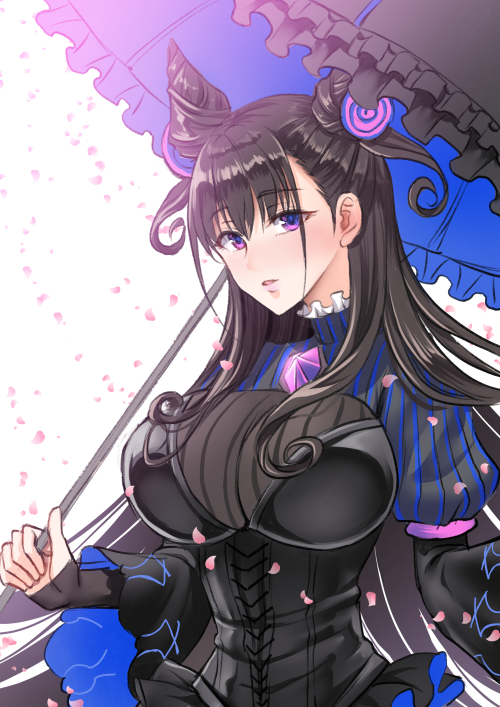 1girl amethyst_(gemstone) bangs black_dress black_hair breasts double_bun dress fate/grand_order fate_(series) frilled_umbrella highres holding holding_umbrella juliet_sleeves large_breasts long_hair long_sleeves looking_at_viewer murasaki_shikibu_(fate) parted_lips puff_and_slash_sleeves puffy_sleeves sleeves_past_wrists solo two_side_up umbrella upper_body very_long_hair violet_eyes youshuu