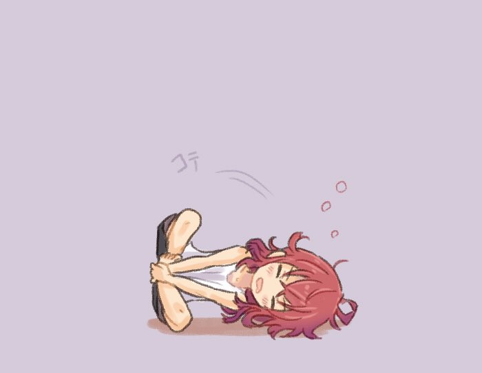 1girl ahoge arashi_(kantai_collection) barefoot black_shorts closed_eyes commentary_request facing_viewer full_body grey_background indian_style kantai_collection lying medium_hair on_side otoufu redhead short_hair shorts simple_background sitting sleepwear sleepy solo tank_top white_tank_top