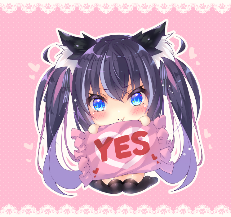 1girl :t animal_ear_fluff animal_ears bangs black_hair black_legwear blue_eyes blue_hair blush bow cat_ears chibi closed_mouth eyebrows_visible_through_hair frilled_pillow frills full_body hair_between_eyes hair_bow heart holding holding_pillow lace_border long_hair multicolored_hair no_shoes ooji_cha original pillow pink_background polka_dot polka_dot_background pout purple_hair sitting solo streaked_hair striped striped_bow thigh-highs two-tone_hair very_long_hair wariza wavy_mouth yes yes-no_pillow