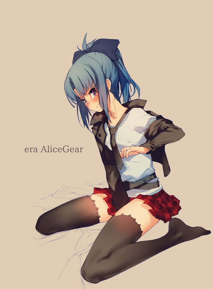1girl alice_gear_aegis belt between_legs black_neckwear blue_hair blush bow branch_(blackrabbits) commentary_request frown full_body hair_bow hand_between_legs high_ponytail jacket long_hair looking_at_viewer necktie no_shoes plaid plaid_skirt ponytail sidelocks simple_background sitting skirt solo takanashi_rei tearing_up thigh-highs violet_eyes wariza zettai_ryouiki