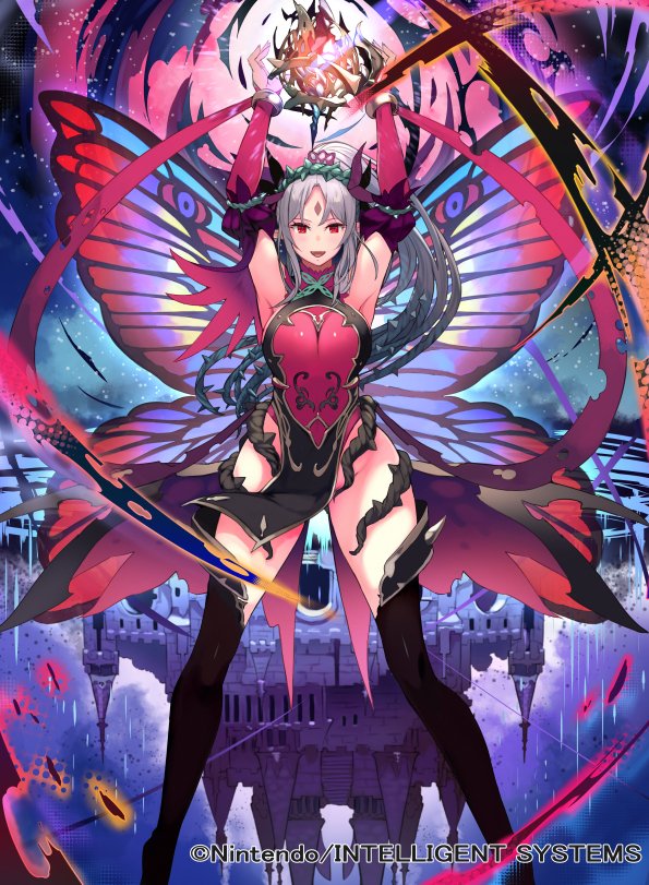 1girl bangs bare_shoulders boots breasts commentary_request company_name copyright_name dress fairy fairy_wings fire_emblem fire_emblem_cipher fire_emblem_heroes hair_ornament kurosawa_tetsu large_breasts long_hair official_art plumeria_(fire_emblem) short_dress solo thigh-highs thigh_boots wings