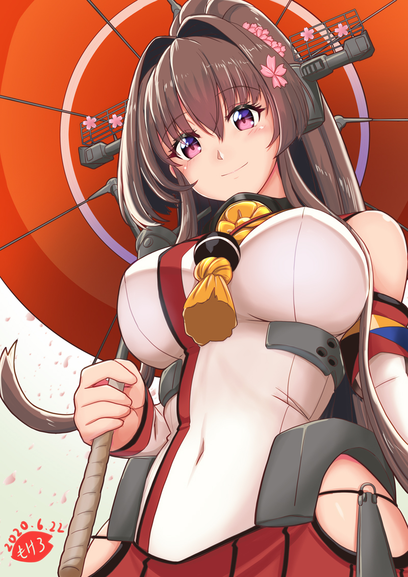 1girl breasts brown_hair covered_navel dated detached_sleeves flower hair_between_eyes hair_flower hair_intakes hair_ornament headgear hip_vent kantai_collection large_breasts long_hair looking_at_viewer looking_down mokerou oriental_umbrella pink_eyes pleated_skirt ponytail red_skirt red_umbrella sidelocks skirt smile umbrella yamato_(kantai_collection)