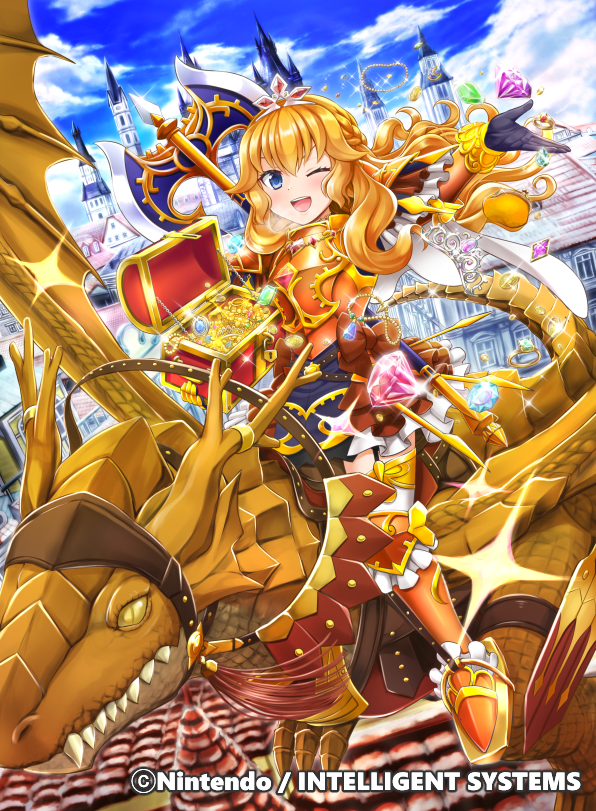 alice_(fire_emblem) armor armored_boots axe blonde_hair blue_eyes blush boots clouds dragon dragon_tail dragon_wings fangs fire_emblem fire_emblem_cipher gem gloves long_hair nichika_(nitikapo) official_art one_eye_closed open_mouth sky solo sparkle tail teeth tiara treasure_chest wings