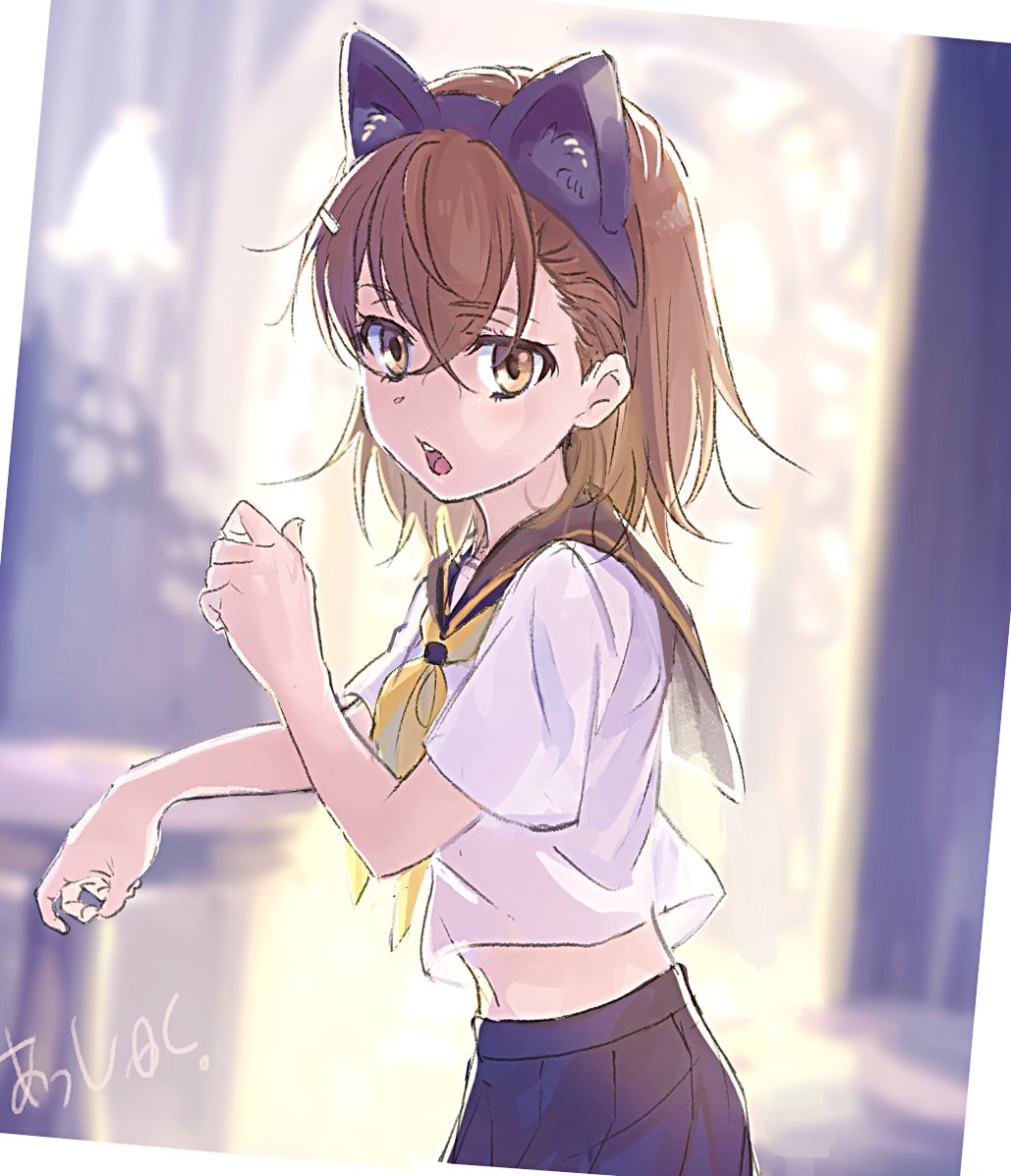 1girl alternate_costume animal_ears artist_name bangs black_sailor_collar black_skirt blurry blurry_background brown_eyes brown_hair cat_ears commentary_request cowboy_shot hair_between_eyes hair_ornament hairclip last1031t looking_at_viewer midriff misaka_mikoto navel neckerchief open_mouth paw_pose pleated_skirt sailor_collar school_uniform serafuku shirt short_sleeves signature skirt solo to_aru_kagaku_no_railgun to_aru_majutsu_no_index white_shirt yellow_neckwear