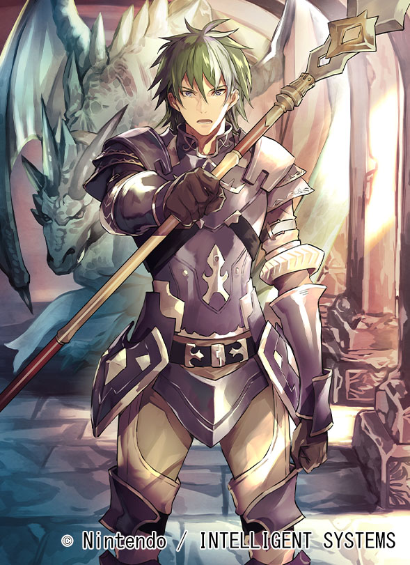 1boy armor armored_boots blue_eyes boots dragon dragon_wings fire_emblem fire_emblem:_the_binding_blade fire_emblem_cipher gloves green_hair heath_(fire_emblem) multicolored_hair nagahama_megumi official_art open_mouth polearm solo spear teeth two-tone_hair weapon white_hair wings