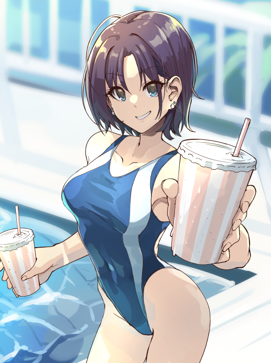 1girl ahoge asakura_tooru black_hair blue_eyes blue_swimsuit blurry byougaku competition_swimsuit cowboy_shot depth_of_field drink earrings fence foreshortening highleg highleg_swimsuit idolmaster idolmaster_shiny_colors jewelry one-piece_swimsuit pool poolside short_hair smile solo standing swimsuit tumbler water