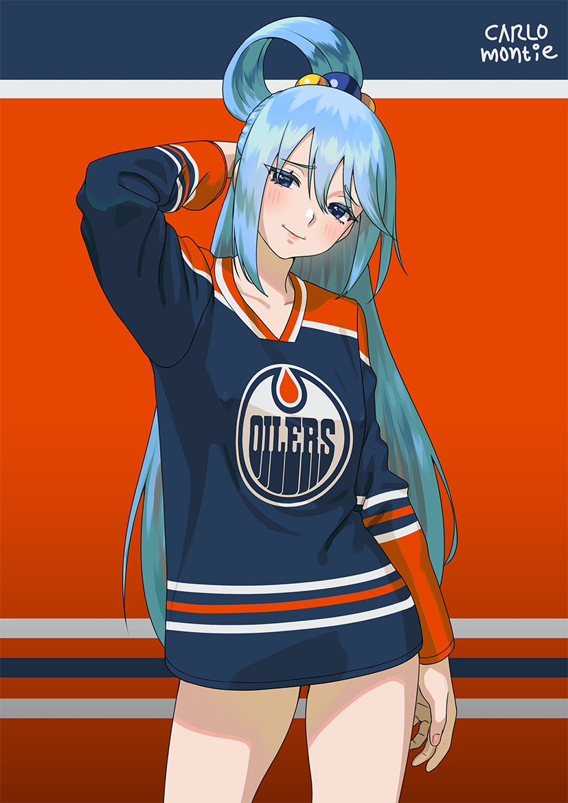 1girl aqua_(konosuba) arm_behind_head arm_up artist_name blue_eyes blue_hair blush breasts carlo_montie clothes_writing collarbone commentary commission covered_nipples cowboy_shot edmonton_oilers eyebrows_visible_through_hair hair_between_eyes hair_ornament hair_rings hand_behind_head hockey_sweater kono_subarashii_sekai_ni_shukufuku_wo! long_hair long_sleeves looking_at_viewer medium_breasts national_hockey_league ponytail smile solo sportswear standing very_long_hair