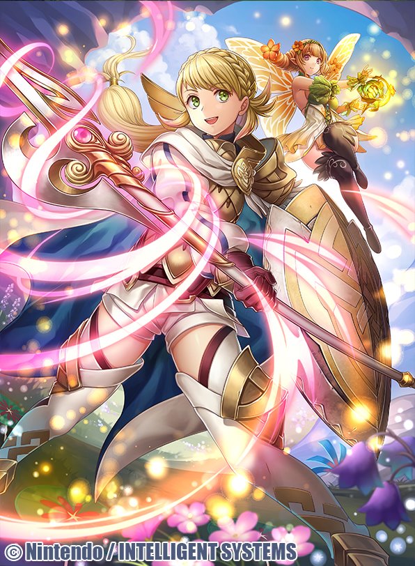 2girls bangs blonde_hair commentary_request company_name copyright_name fairy fairy_wings fire_emblem fire_emblem_cipher fire_emblem_heroes fumi_(butakotai) holding holding_weapon long_hair multiple_girls official_art peony_(fire_emblem) polearm sharena spear weapon wings