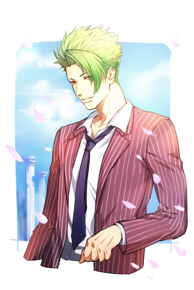 1boy achilles_(fate) alternate_costume changye cherry_blossoms clouds cloudy_sky eyes_visible_through_hair fate/apocrypha fate/grand_order fate_(series) green_hair long_sleeves looking_at_viewer male_focus necktie open_mouth petals pillar purple_neckwear shiny shiny_hair shirt sky smile solo unbuttoned upper_body yellow_eyes