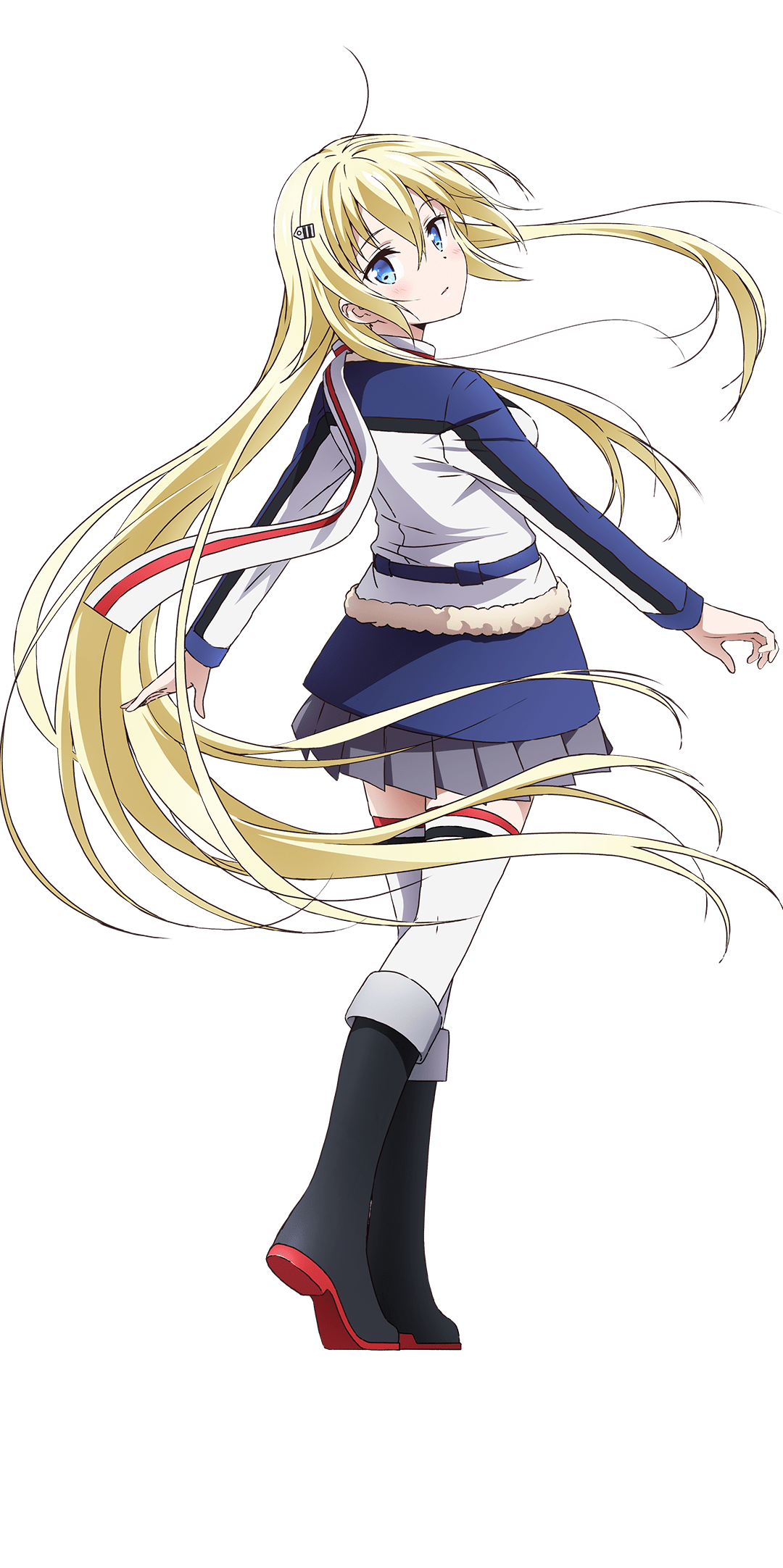 1girl black_footwear blonde_hair blue_eyes boots claudia_bruford from_behind full_body grey_skirt hair_between_eyes highres long_hair looking_at_viewer looking_back official_art pleated_skirt scarf skirt solo thigh-highs transparent_background warlords_of_sigrdrifa white_legwear