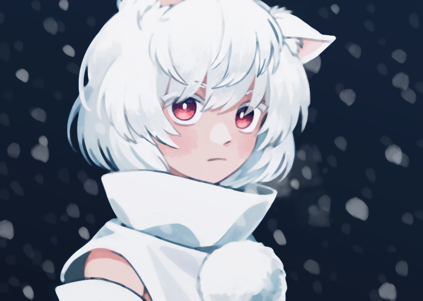 1girl animal_ear_fluff animal_ears black_background blush bright_pupils detached_sleeves high_collar inubashiri_momiji looking_at_viewer pom_pom_(clothes) red_eyes shirt short_hair snowing solo symbol_commentary touhou upper_body white_hair white_pupils white_shirt wolf_ears yoi_(yoi99yoi)