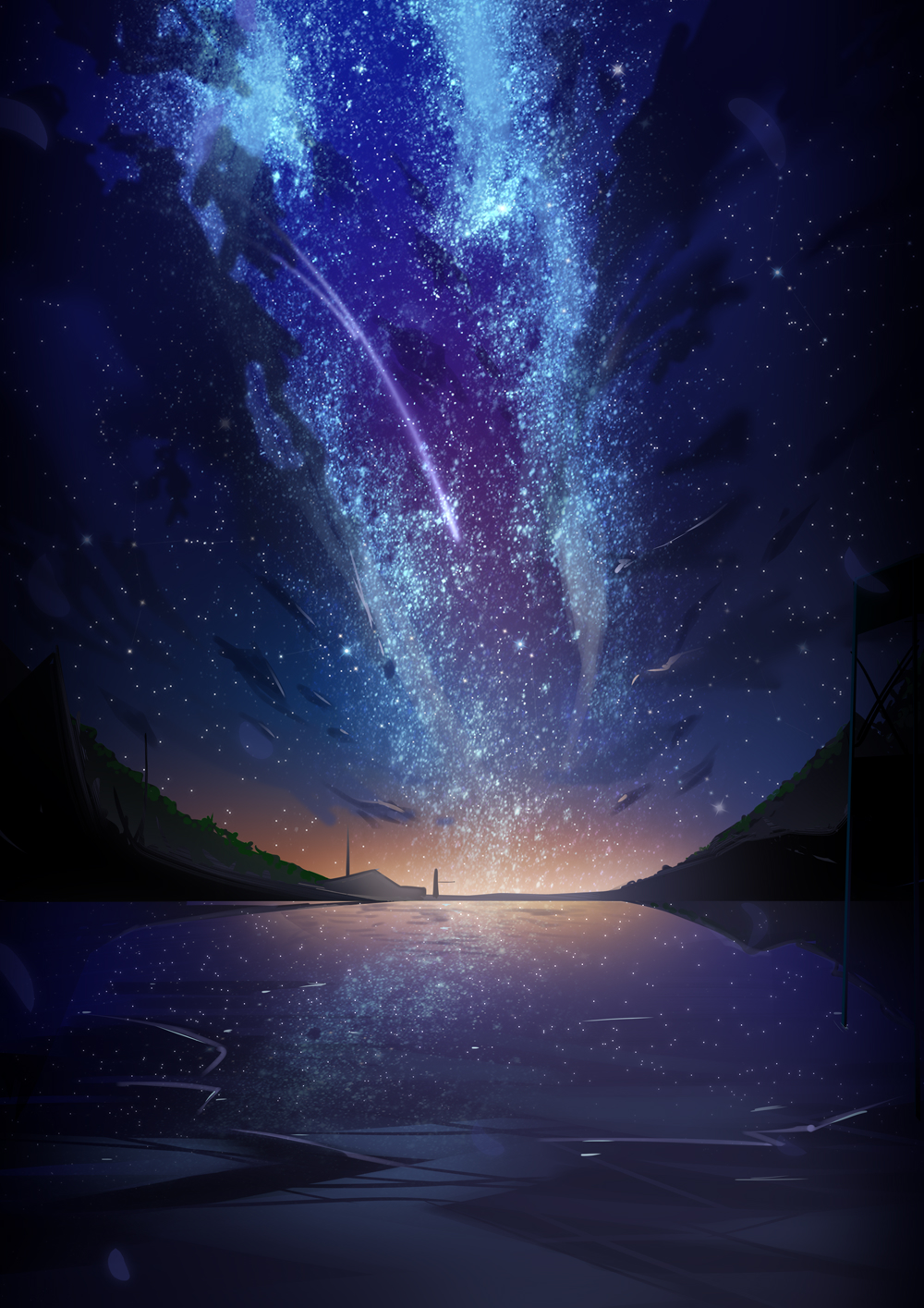 clouds commentary_request gradient_sky highres house nagisa_(cxcx5235) night night_sky no_humans original outdoors reflection scenery shooting_star sky star_(sky) starry_sky water