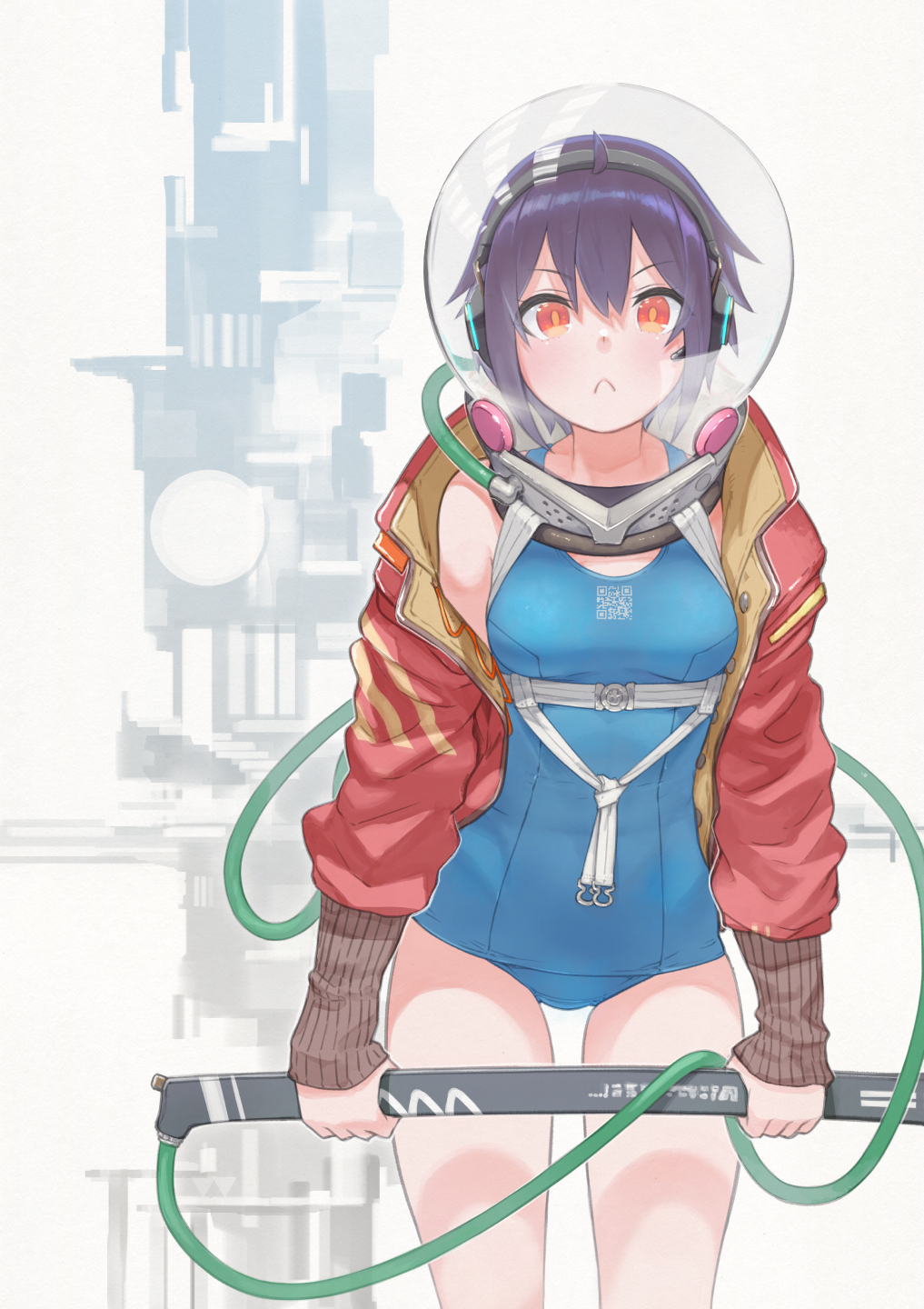 &gt;:( 1girl ahoge ass_visible_through_thighs astronaut_helmet bangs bare_shoulders blue_swimsuit breasts closed_mouth commentary_request eyebrows_visible_through_hair frown grey_background hair_between_eyes headphones headset highres holding jacket long_sleeves looking_at_viewer medium_breasts off_shoulder old_school_swimsuit one-piece_swimsuit open_clothes open_jacket original purple_hair qr_code red_eyes red_jacket school_swimsuit sleeves_past_wrists solo space_helmet standing swimsuit v-shaped_eyebrows yunar