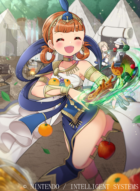 1boy 2girls annette_fantine_dominic apple armlet armor blonde_hair closed_eyes company_name copyright_name dancer dress fire_emblem fire_emblem:_three_houses fire_emblem_cipher food fork fruit grapes helmet holding kei_s01 leaf long_hair mercedes_von_martritz multiple_girls official_art open_mouth orange orange_hair outdoors plate solo_focus spoon tent tree twintails