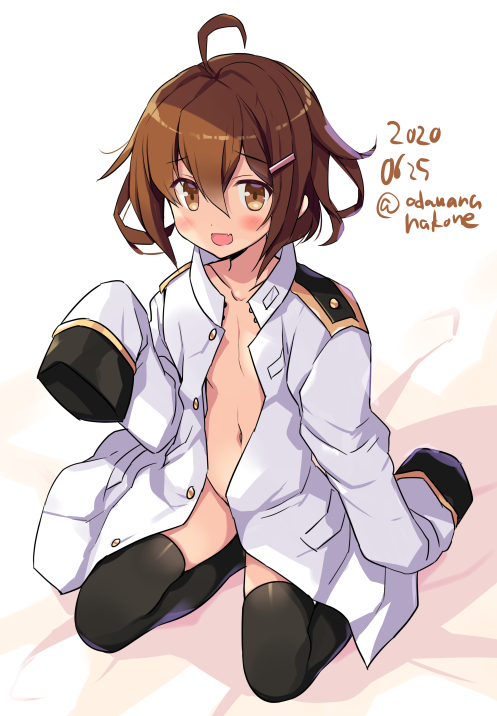 1girl ahoge alternate_costume black_legwear blush brown_eyes brown_hair buttons collarbone dated fang hair_ornament hairclip ikazuchi_(kantai_collection) kantai_collection military military_uniform naval_uniform navel odawara_hakone open_clothes open_mouth short_hair skin_fang sleeves_past_fingers sleeves_past_wrists smile solo thigh-highs twitter_username uniform