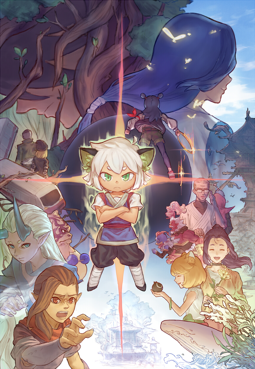 3girls 6+boys animal_ears black_hair blonde_hair blue_horns character_request closed_eyes crossed_arms facing_away glasses grass green_eyes highres horns leaf long_hair looking_at_viewer medium_hair multiple_boys multiple_girls open_mouth pointy_ears red_eyes rock short_hair sky341125290 the_legend_of_luo_xiaohei tree white_hair
