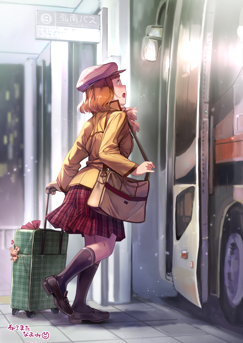 1girl bag black_legwear blue_eyes brown_hair bus commentary_request ground_vehicle highres idolmaster idolmaster_cinderella_girls jacket kudou_shinobu motor_vehicle nekomata_naomi open_mouth outdoors plaid plaid_skirt pleated_skirt scarf shoes signature skirt socks solo suitcase